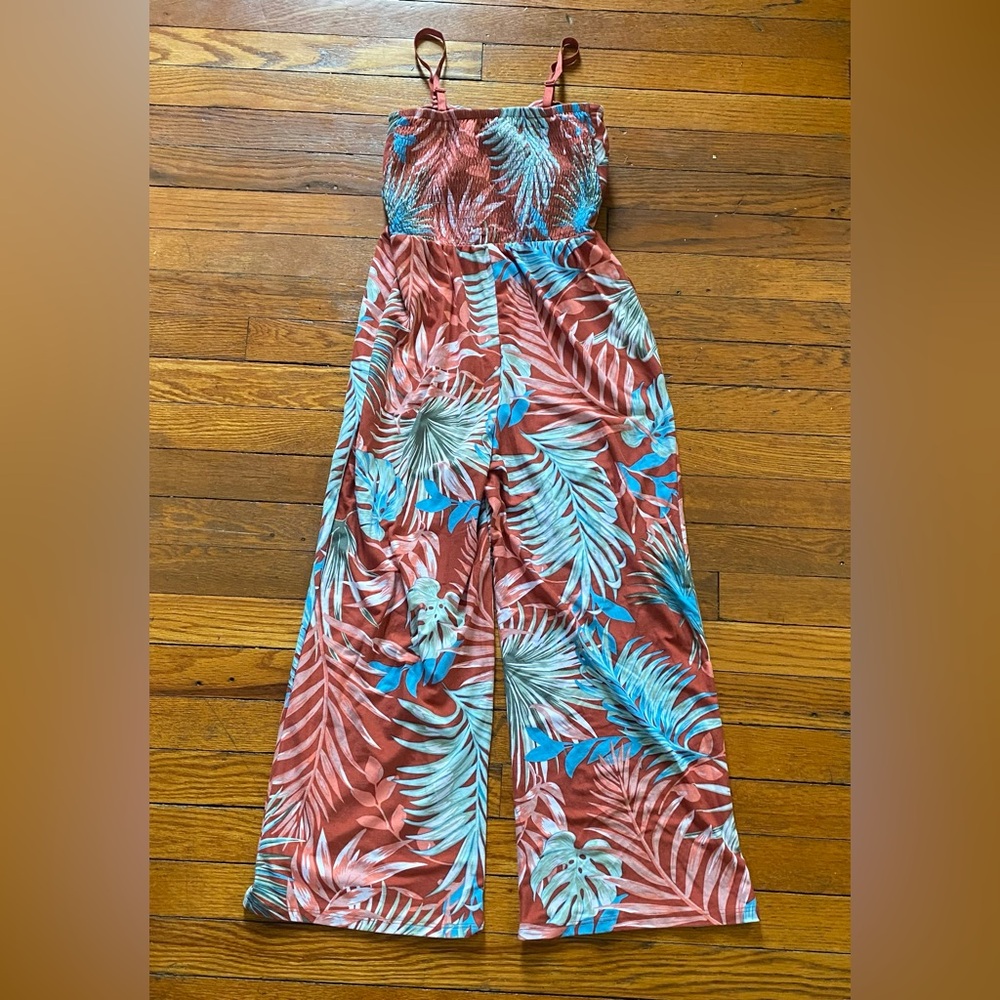 Tropical pattern rust colored sleeveless jumpsuit with pockets - Picture 5 of 6